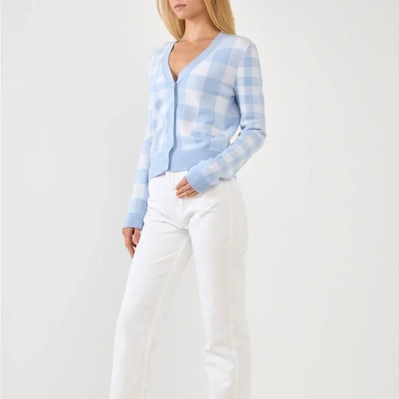 English Factory 🩵 Gingham Knit Cardigan in Powder Blue 🤍 size Medium - Picture 3 of 7